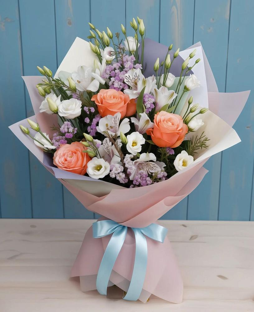 Букет цветов из: Лизиантусы, Розы, Альстромерии и Гипсофила в Зорино