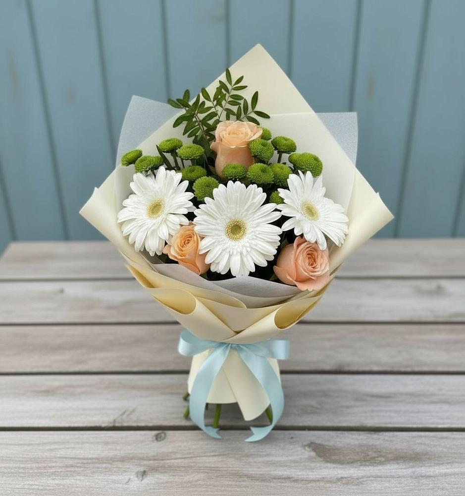 Букет цветов из: Герберы, Розы и Хризантемы в Зорино