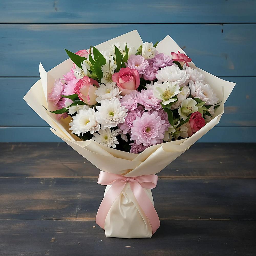 Букет цветов из: Хризантемы, Альстромерии и Розы в Зорино